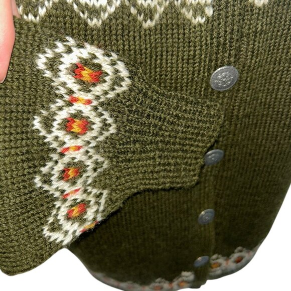Fair Isle Norwegian Design pewter stamped buttons green gold orange cardigan M - Picture 4 of 6